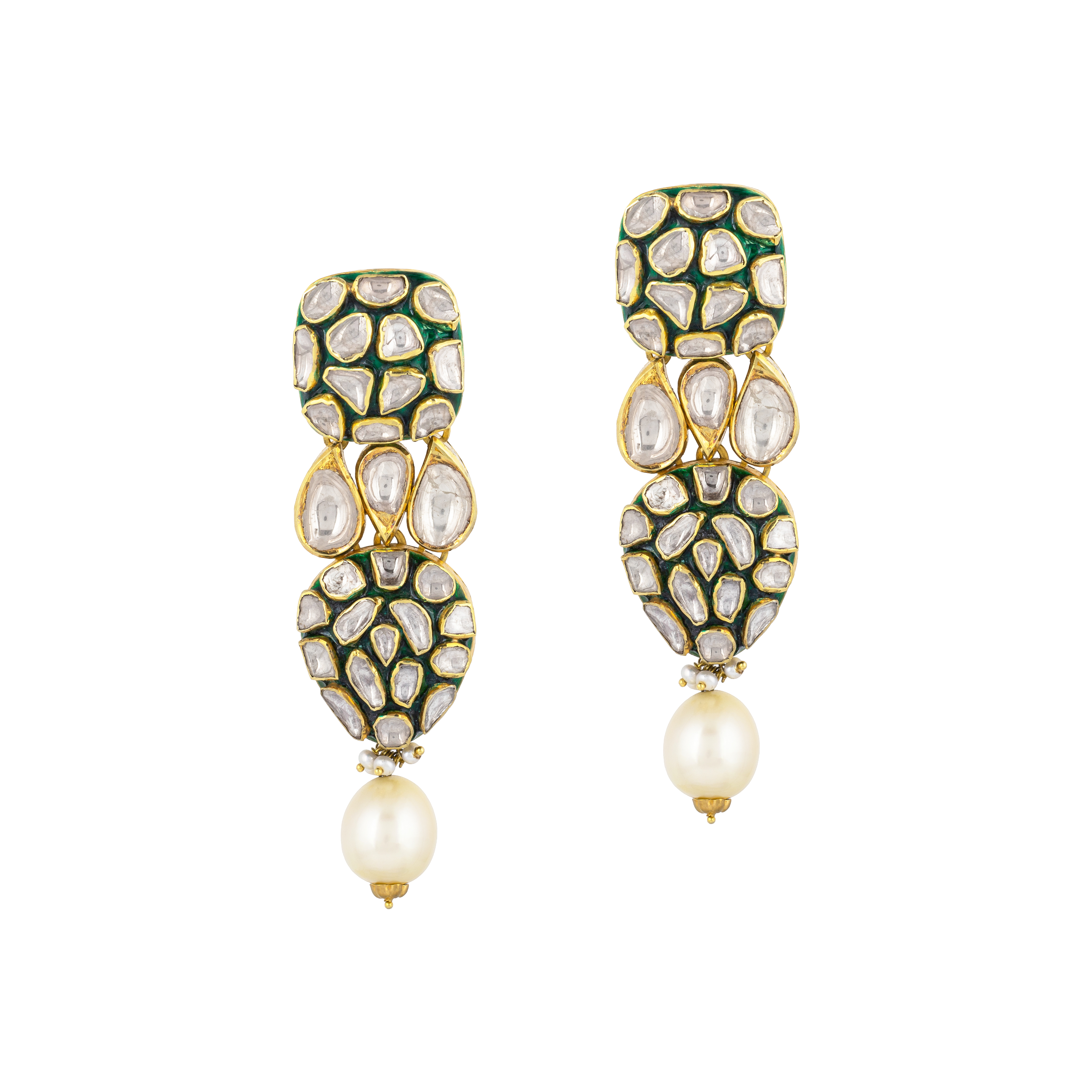 Polki Necklace Set with Pearl Drops & Green Enamel Cluster Polki